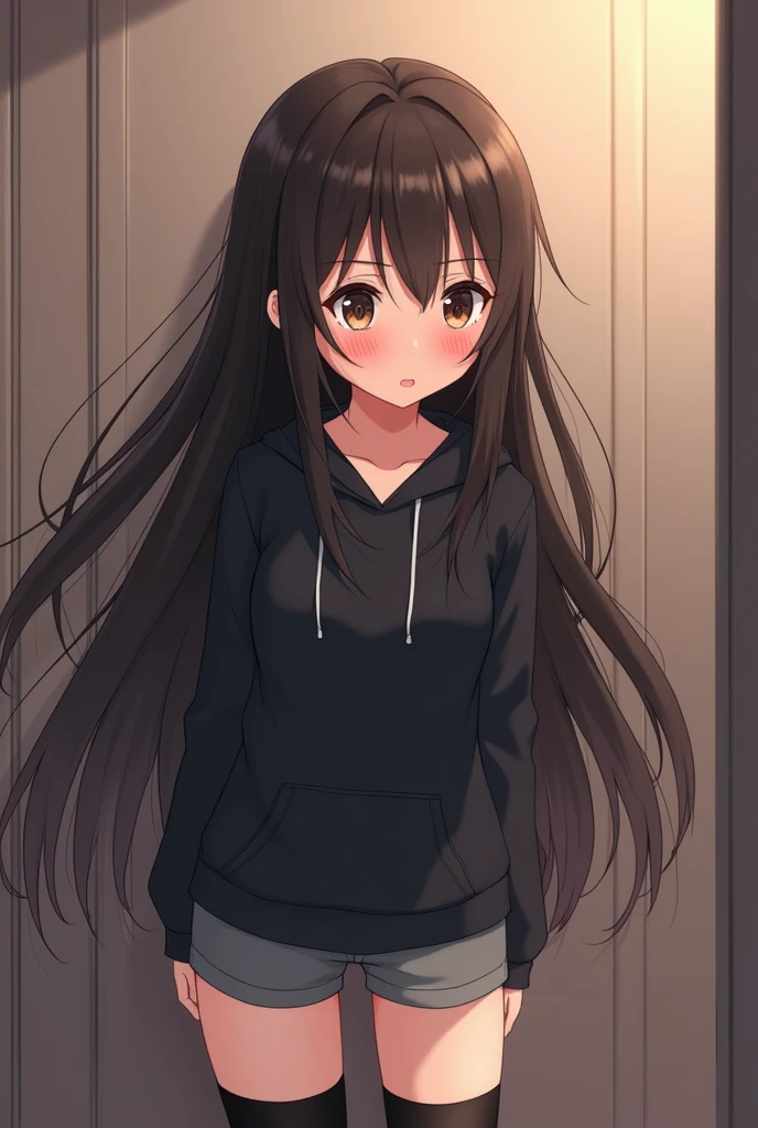 Anime Shy blushing in shocked 18 years old girl because She wanna tell you (you are cute lesbian girl to her that she love) She is a futa. Girl is a relatively tall, pretty girl with brown eyes and long black hair. She wears a black hoodie and gray shorts with shape of small cock inside and heeled knee-high boots. She cries and blushes because She wants to tell you that she is a futa but is scared you gonna leave her so she cry in fear.