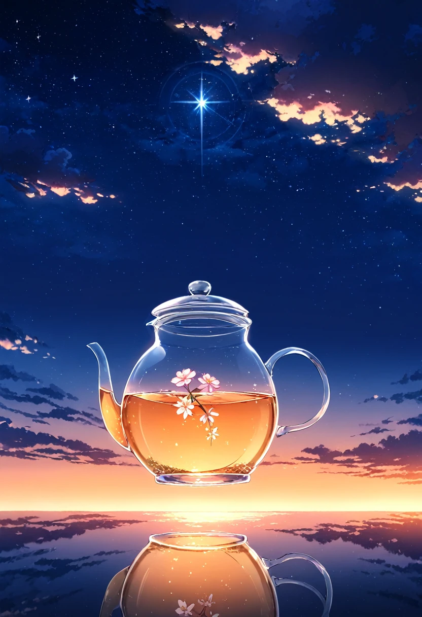 starry, starry light, night, colorful, cloud, star \(sky\), sunset, big Clear glass tea pot floating in the air, Flowers bloom in a Clear glass tea pot, beauty (star (sky))