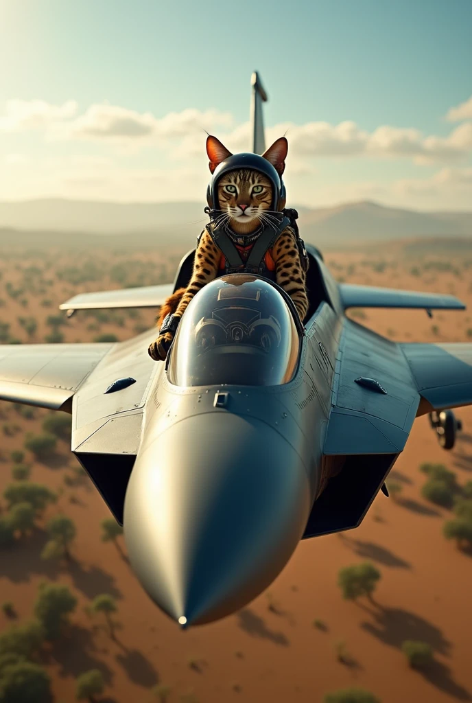 Savannah cat wearing pilot suit and helmet flying fighter jet Realistic, real, high resolution detail, full picture as real life Full picture from afar