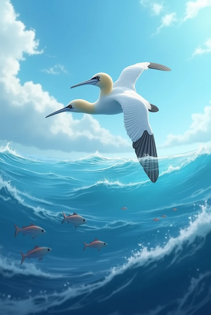 1 Adult Gannet watching a school of fish from the sky
