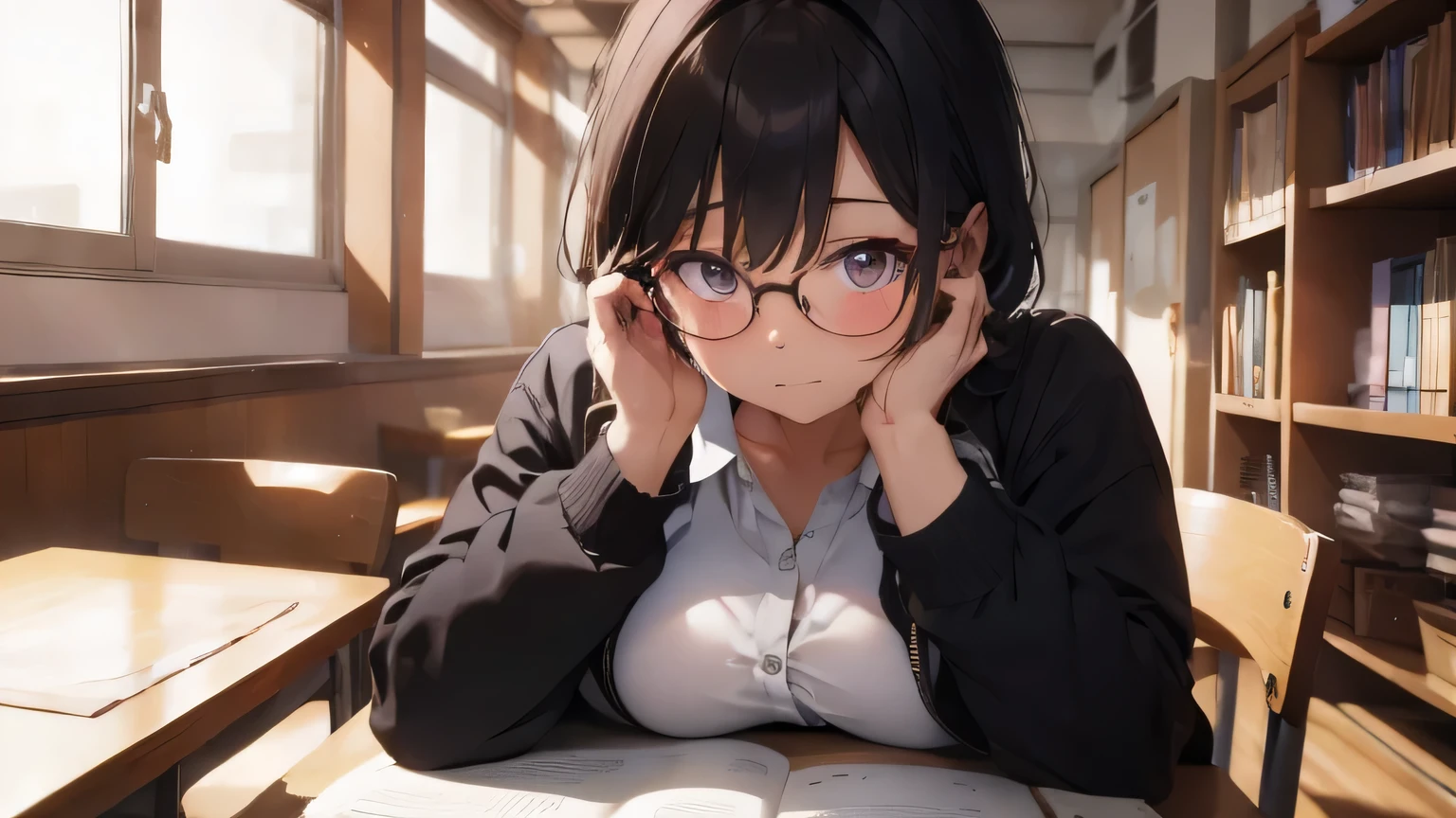 ​masterpiece, top-quality, High-quality images, high resolution, 8K, 1 student, detailed, Detailed eye depiction, skin gloss, school uniform, large breast, Lustrous hair, Black short-haired, disheveled hair, Round glasses, Narrow old room, many bookshelves, studying, shy expression, blushing heavily, sitting at table, looking at viewer