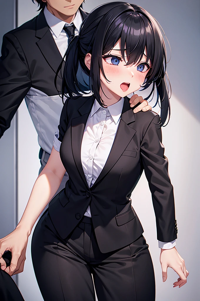 A woman in a black suit tie Having sex with a man Ahegao