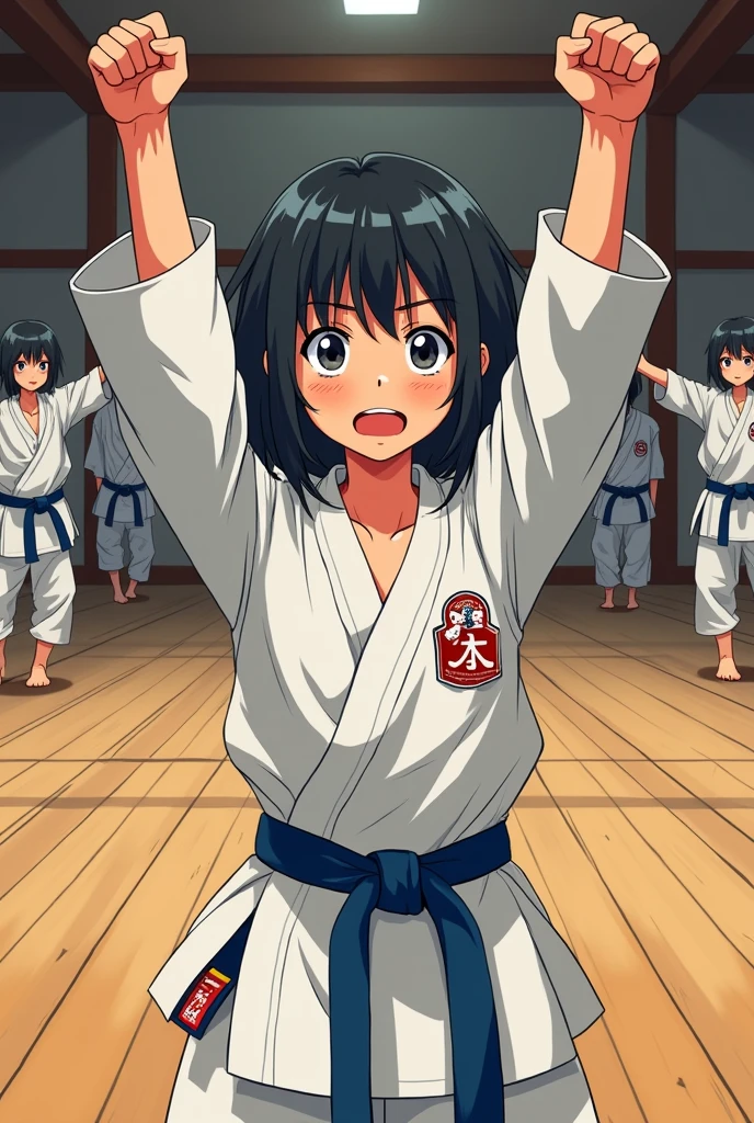 Short girl, short messy black hair, Dojo athlete winning a Karate-Do competition, manwha style