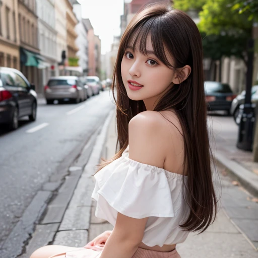 laughing out loud,long skirt, white skirt, (knee shot), 1 woman, On the face, light brown hair, blunt bangs, hair behind ears, Hair over the shoulders, long hair, Slender body type, Super thin face, face slimming, delicate lips, beautiful eyes, Thin blush, Eyes are light brown,Check it out here, (realistic:1.3), Standing on the street.One person's perspective, 8k, , Super detailed, high quality, best quality, High resolution, ,Large Breasts,H CUP, off -shoulder top