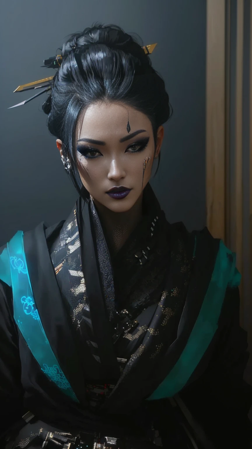 arafed woman with black cosmetic and a black and blue dress, very beautiful cyberpunk samurai, Cyberpunk Geisha, Akihiko Yoshida. Unreal Engine, cosmetic. Unreal Engine, cyberpunk cosmetic, hyper-realistic cyberpunk style, realistic cosplay, Inspired by trees, Unreal Engine : : rave cosmetic, Complex cyberpunk makeup, Japanese visual effects