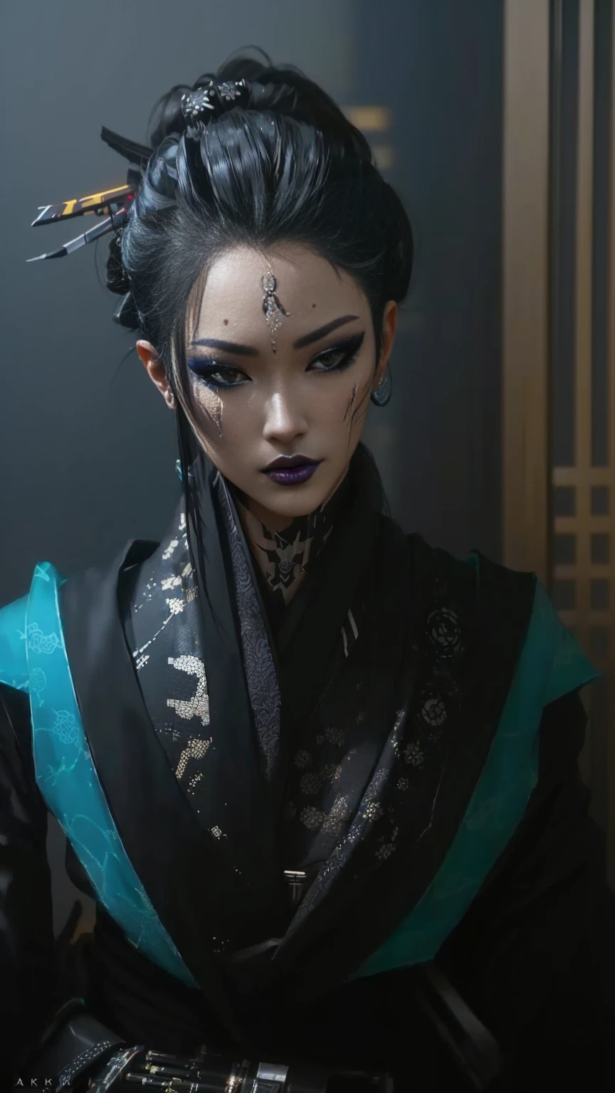 arafed woman with black cosmetic and a black and blue dress, very beautiful cyberpunk samurai, Cyberpunk Geisha, Akihiko Yoshida. Unreal Engine, cosmetic. Unreal Engine, cyberpunk cosmetic, hyper-realistic cyberpunk style, realistic cosplay, Inspired by trees, Unreal Engine : : rave cosmetic, Complex cyberpunk makeup, Japanese visual effects