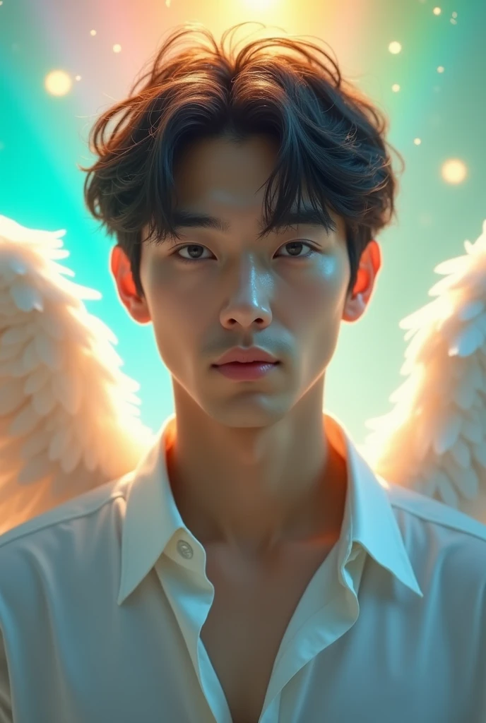 日本人male、Mysterious face、Beautiful face、Beautiful angel wings、looking at the camera、Upper body image、Beautiful Face、29-year-old、front、Smiling、Healing Face、male、White shirt、My chest is a little empty、Beautiful rainbow on background