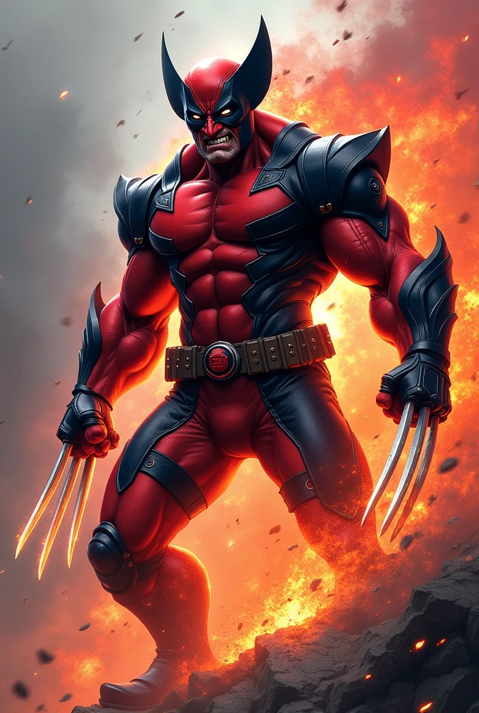 A ly dynamic hybrid creature emerges, a mix of wolverine and Deadpool, surrounded by a burst of vibrant energy. This masterpiece wallpaper showcases the creature in stunning detail: razor-sharp claws, crimson and black suit, eyes ablaze with mischief. The image is a high-quality digital painting, with intricate textures and vivid colors that leap off the screen. The overall effect is captivating and exhilarating, drawing the viewer into a world of action and excitement.