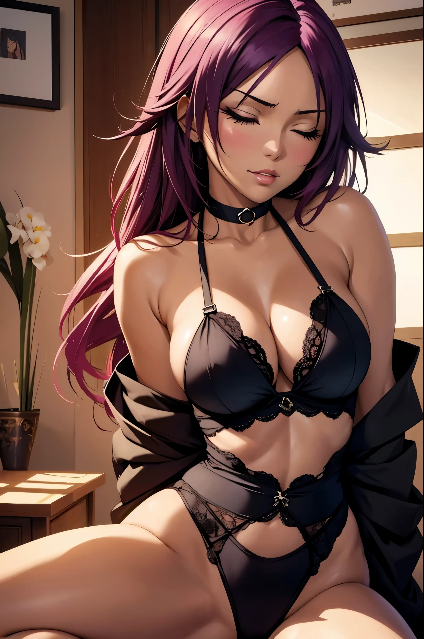 Hot Yoruichi Shihouin, masterpiece), (portrait), medium breasts (aesthetics), A 32-year-old woman ,sex pose, closed eyes, orgasm, romantic lighting that enhances her feminine features. Sex lingerie, seductive atmosfer NSFW
