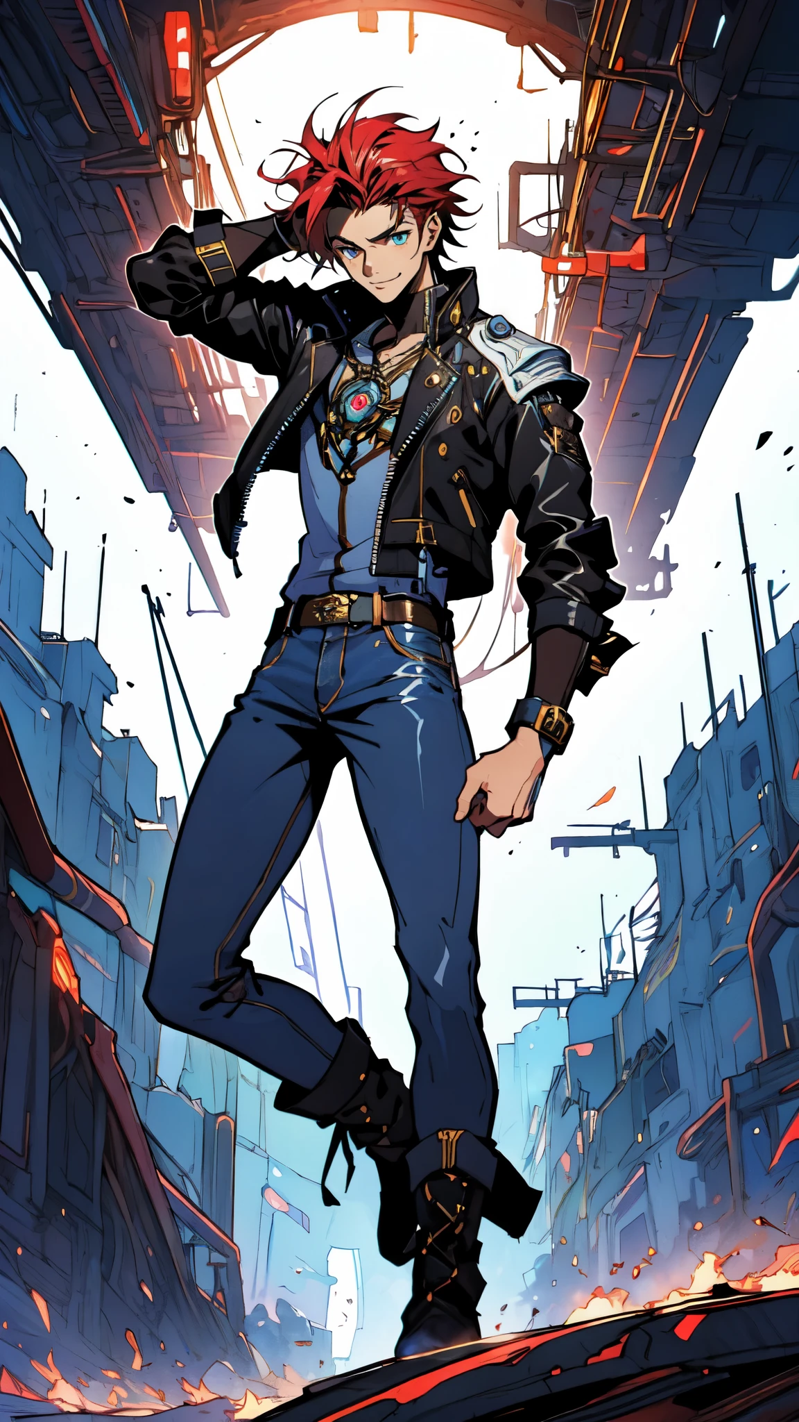 (masterpiece:1.2, best quality:1.2, extremely delicate:1.2), ((male:1.5)), a young man with messy red hair, a leather strap tied around his forehead, a handsome face, bright eyes, a rebellious smile, a slender build, a futuristic fantasy-style black and white leather jacket, dark jeans, hiking boots, he is making an exaggerated leap above the city, this character embodies a finely crafted futuristic fantasy-style rogue in anime style, exquisite and mature manga art style, dramatic, high definition, highres, ultra-detailed, ultra-fine painting, professional, perfect body proportions, golden ratio, anatomically correct, symmetrical face, extremely detailed eyes and face, high quality eyes, creativity, RAW photo, UHD, 32k, Natural light, cinematic lighting, (masterpiece-anatomy-perfect:1.2)