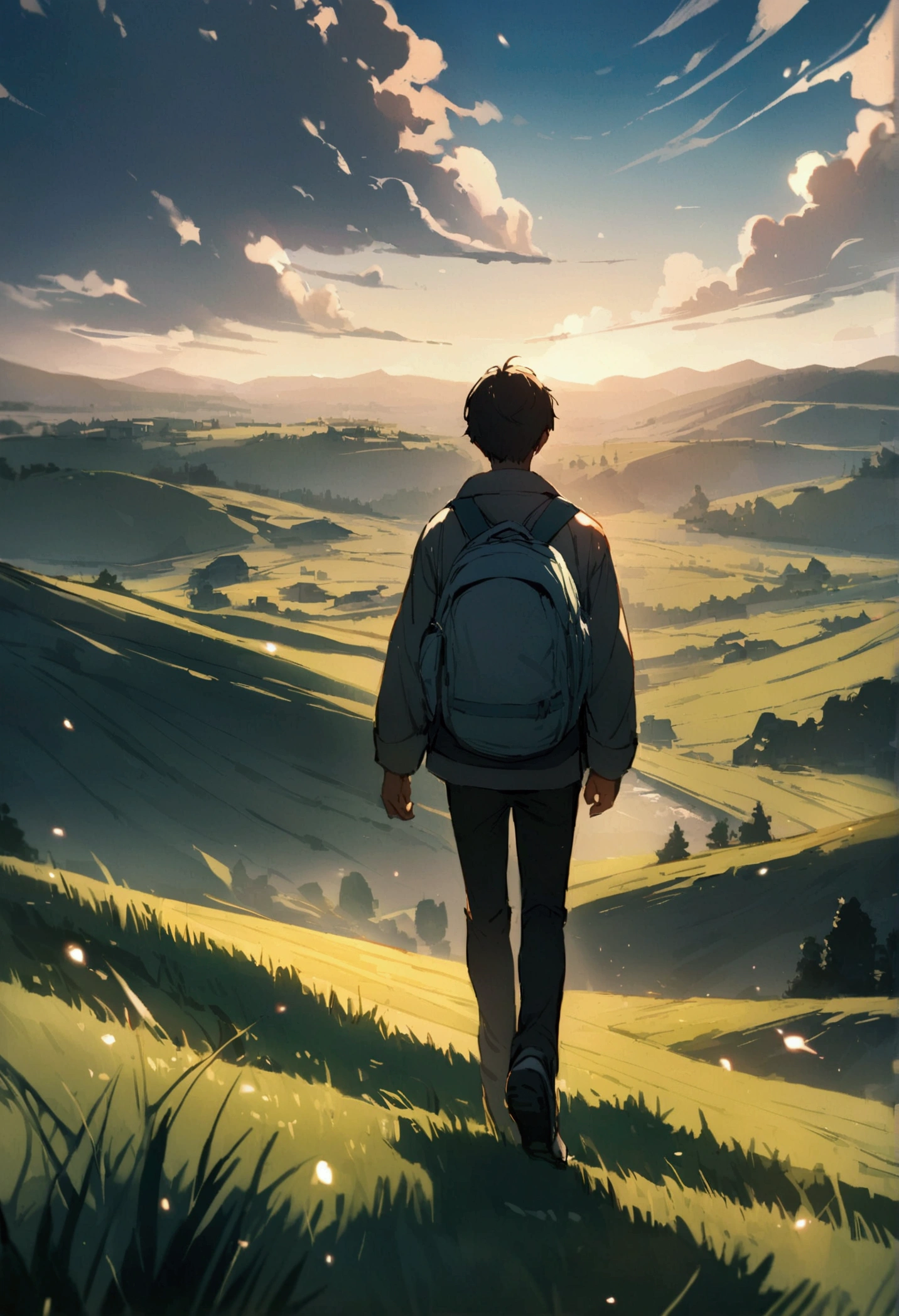 In the background a field full of magical beings,a boy walking in the,a beautiful landscape