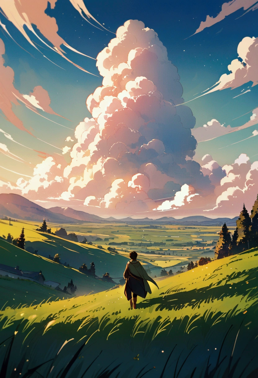 In the background a field full of magical beings,a boy walking in the,a beautiful landscape