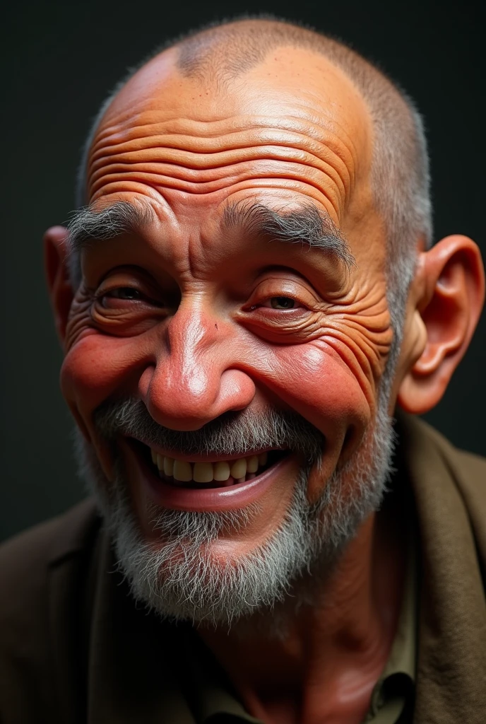 A drunken old man, Shaved Head, Red face, Cheerful, smile, UHD, textured skin, high details, super detail