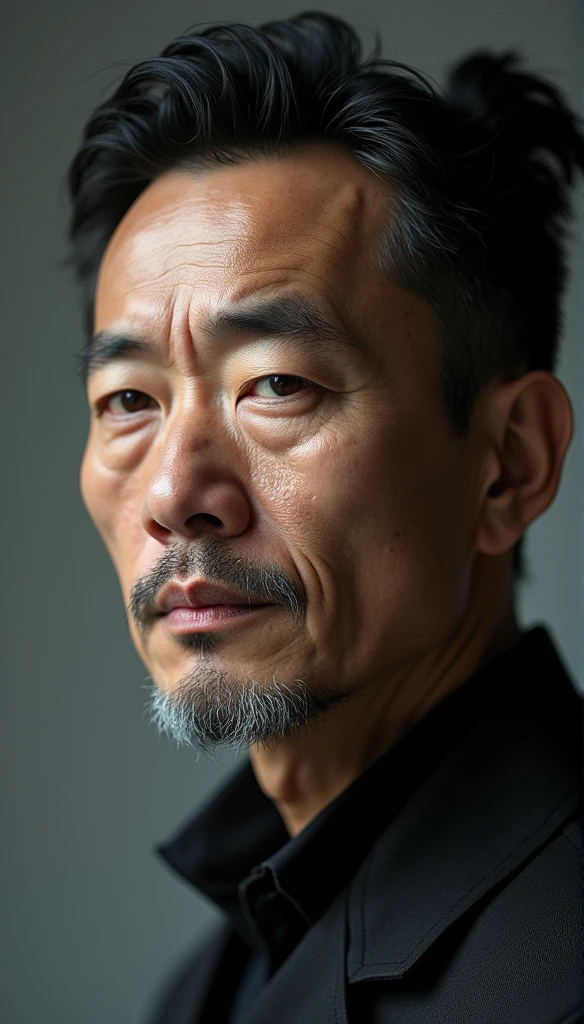 A handsome middle-aged modern poet,Asian face,Close-up side view,erudite,Deep, sad eyes