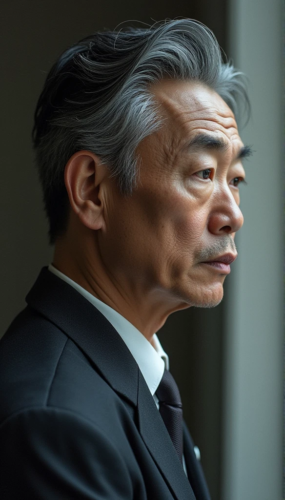 A handsome middle-aged modern poet,Asian face,Close-up side view,erudite,Deep, sad eyes