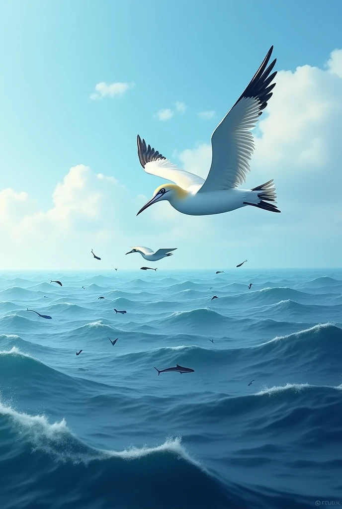 1 Adult Gannet watching a school of fish from the sky
