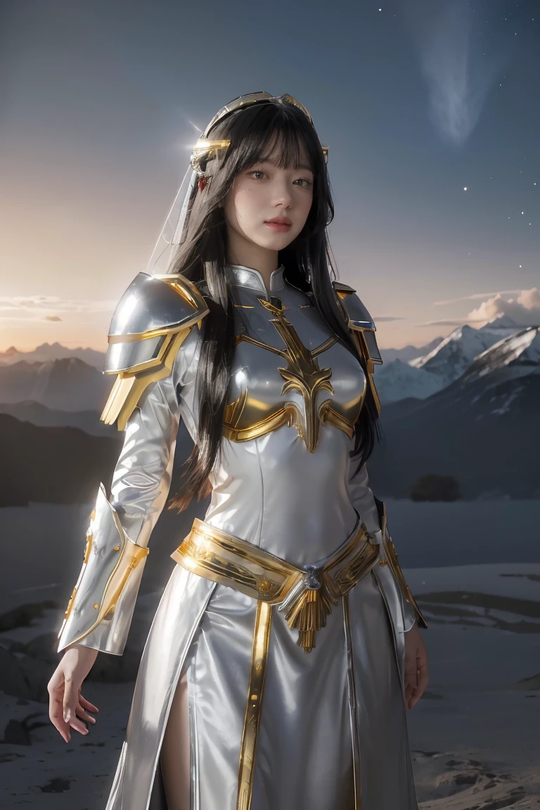 ((masterpiece, best quality, Extremely detailed), Volumetric Lighting, Ambient Occlusion, rich and colorful, Luminescence), 1 Girl, Solitary, Young Girls, (Black Hair), Long hair, Halo, Halo, sacred, goddess, Priesthood, (Silver outfit with gold details:1.3), Sagittarius Gold Armor, outdoor, Sunset, Sky, cloud, space, (Fantasy theme:1.2),