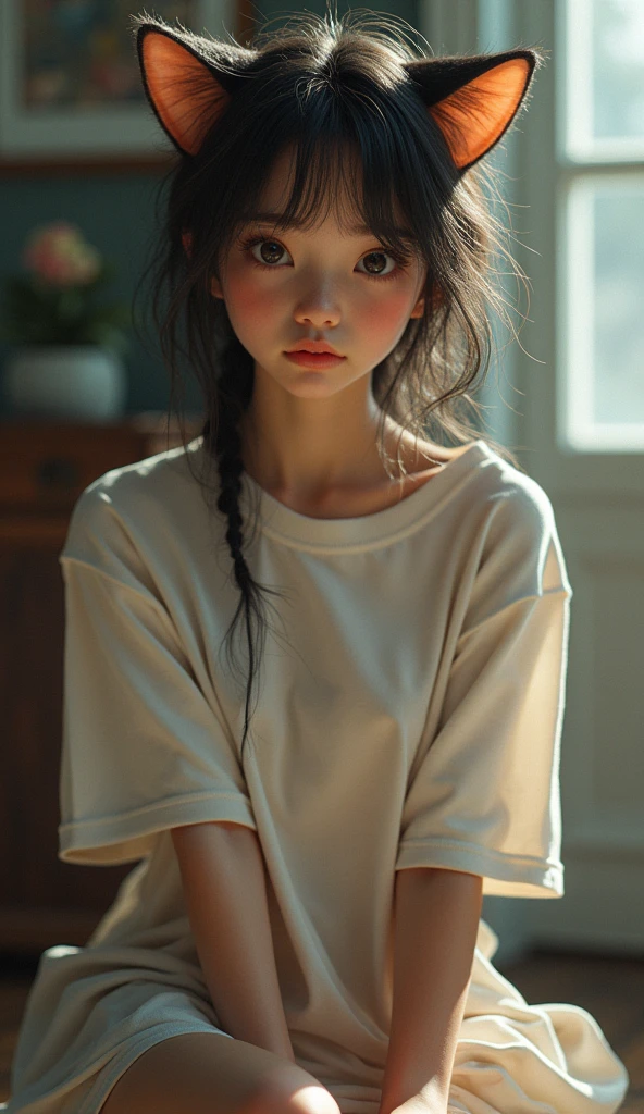 Best quality, best resolution, detailed depiction, delicate depiction, diverse lighting, masterpiece, ultra-high resolution, photorealistic, best quality, 8K, perfect, a girl who is too cute like a cat, her pose is like an animal, a T-shirt that is too big,
