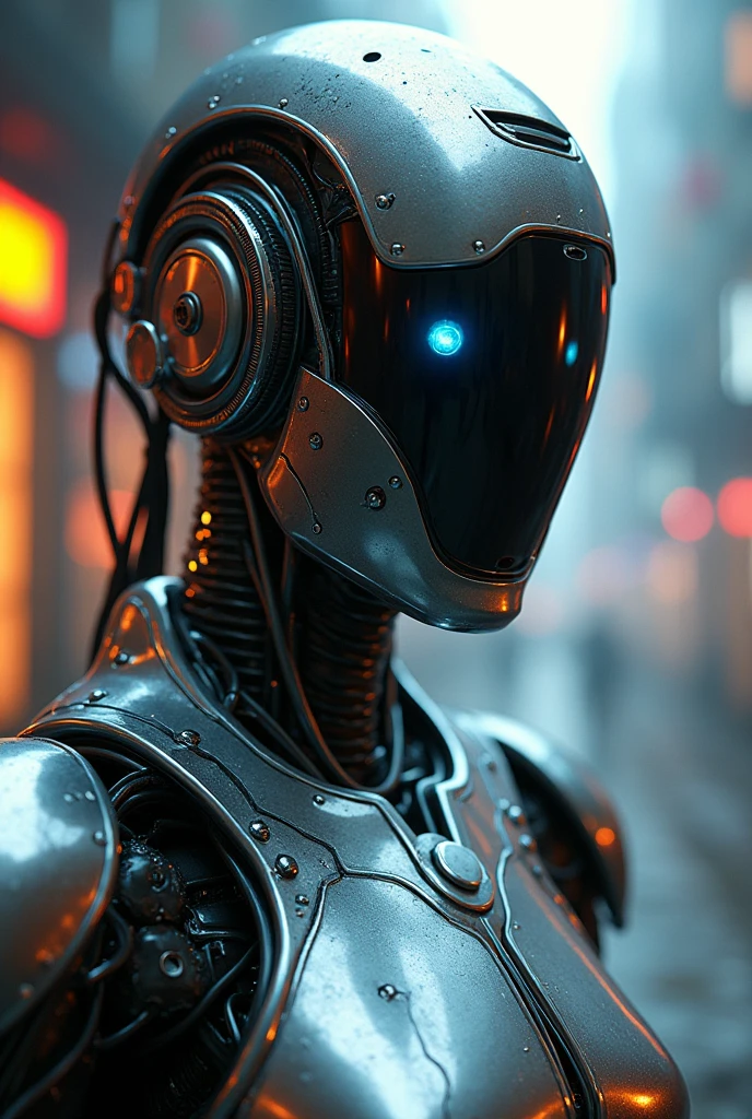 A highly detailed, realistic cyborg with a cyberpunk aesthetic. The cyborg should feature a polished chrome robotic suit, glowing futuristic eyes, and a pixelated or blurred face. It should also wear dark, cyberpunk-style glasses. The design should include intricate details, high-quality rendering, and a sleek, modern look with vibrant colors and a touch of futuristic elegance. (Extremely detailed, professional high-quality rendering, chrome robotic suit, dark cyberpunk glasses, pixelated or blurred face, and striking visual elements.)