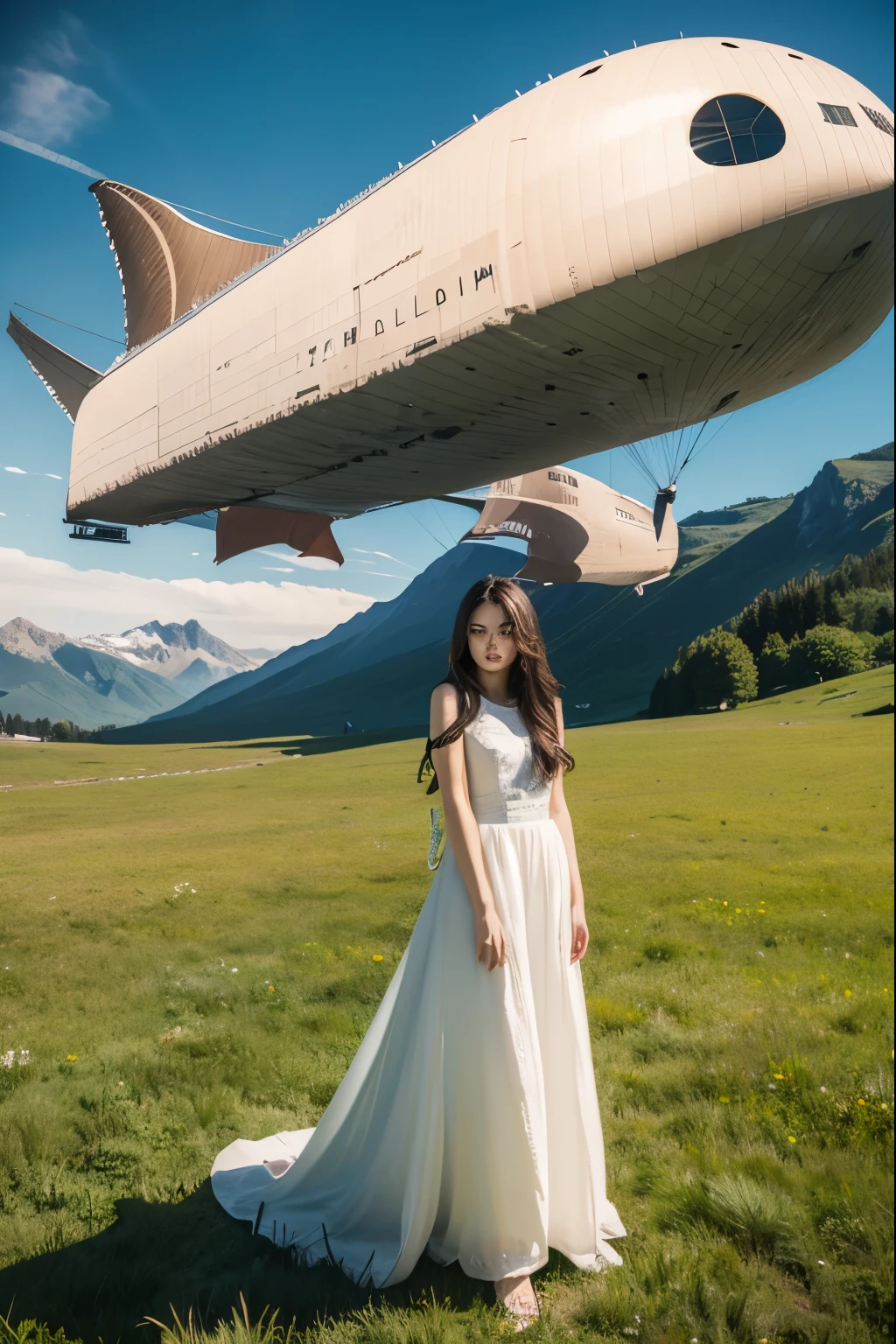 Master piece, 18 years old, young girl, Dark Brown Long hair, posing in front of full view of airship floating. meadow with mountain background.