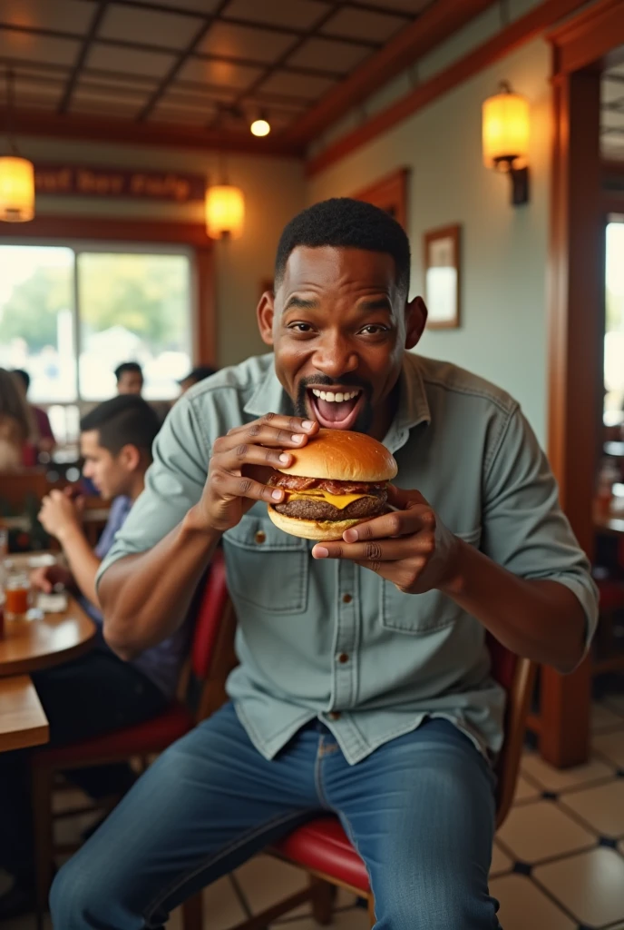 Generates an image of Will Smith eating a burger in a restaurant