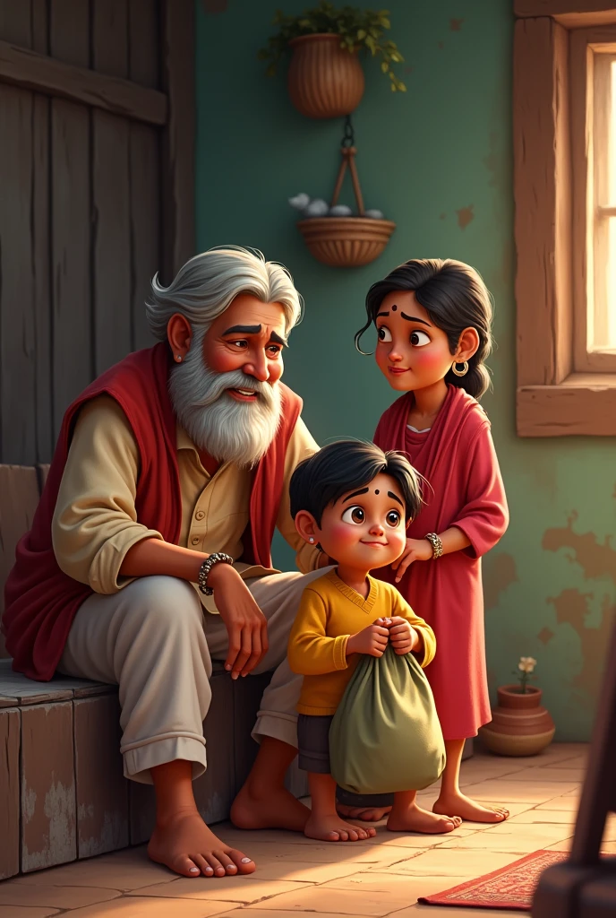 Sundar, a bright and hopeful young man, is sitting with his father Ram Singh in the same rustic home. He is visibly excited and smiling, holding a small bag ready to leave for the city. Ram Singh is giving him advice, and the mother, Kamla, is standing nearby, showing a mix of pride and concern.
