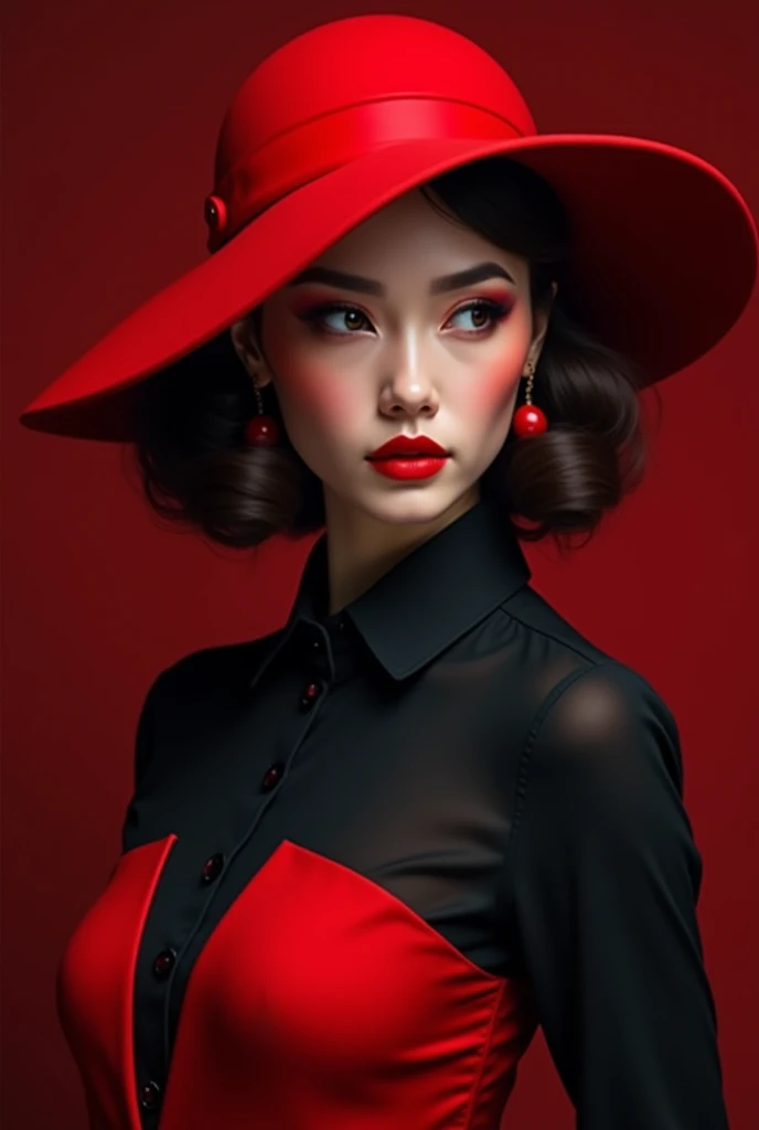 a woman wearing a red hat and black shirt, red hat, red dress and hat, with hat, she is wearing a hat, red and black tones, red cap, in red and black, lovely woman, black and red tones, cute woman, accents of red, attractive and beautiful