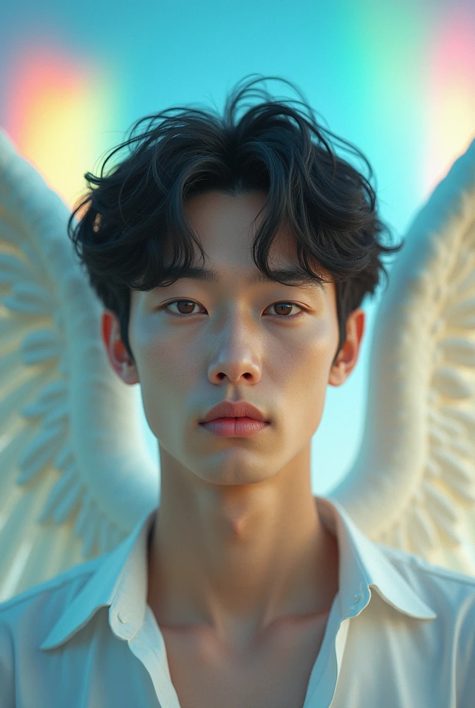 日本人male、Mysterious face、Beautiful face、Beautiful angel wings、looking at the camera、Upper body image、Beautiful Face、28 years old、front、Smiling、Healing Face、male、White shirt、My chest is a little empty、Beautiful rainbow on background