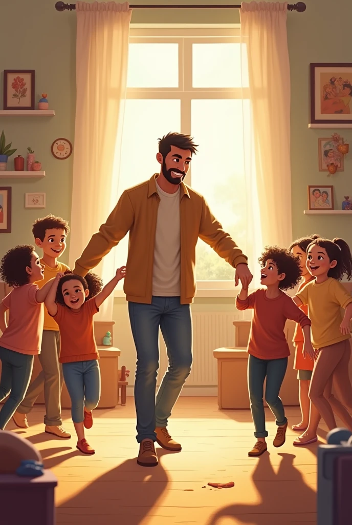 a man with several children dancing inside