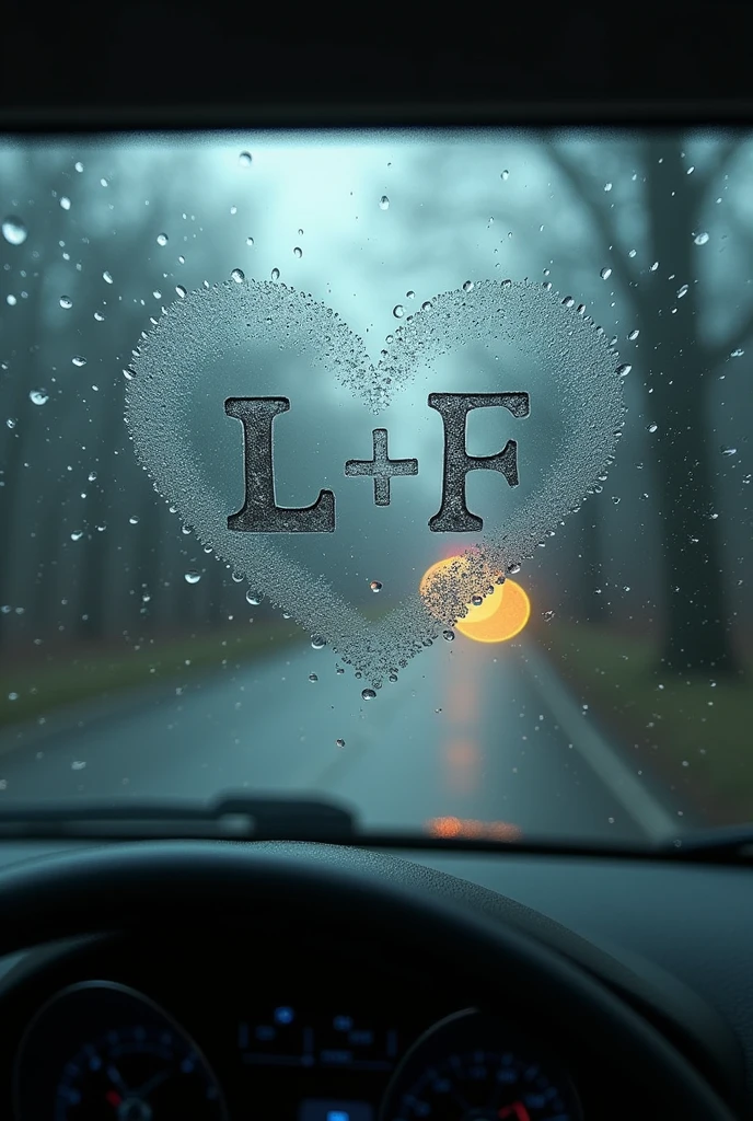 On a car window with raindrops with fogged glass in the shape of a heart and inside the initials L + F tarnished