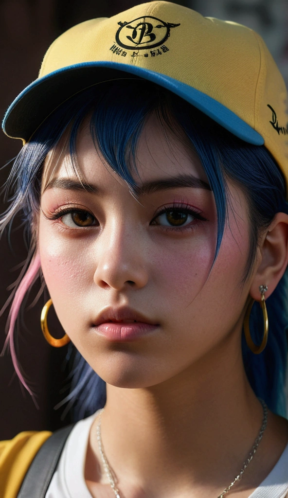 Close-up, over-the-shoulder angle of a young punk woman with a striking, photorealistic anime style, illuminated by dramatic chiaroscuro lighting that casts deep shadows across her face. She has intricate face tattoos and straight, layered brown hair highlighted with blue tips. She wears a backward black baseball cap featuring a pink adjuster, paired with bold yellow Ray-Ban sunglasses. Her ears are adorned with earrings, and she sports a vibrant yellow T-shirt. Her hand gently rests on her cheek, capturing a moment of introspection as the shadows play across her features. The image showcases incredible attention to detail, blending realistic and anime art styles seamlessly. The digital painting highlights the beauty of her punk aesthetic with stunning realism, using the chiaroscuro lighting to add depth and intensity to her expression. The composition is a perfect mix of hyper-detailed digital art, portraying a beautiful and intense punk girl with a gorgeous face, all rendered in a stunning, highly detailed anime realism style