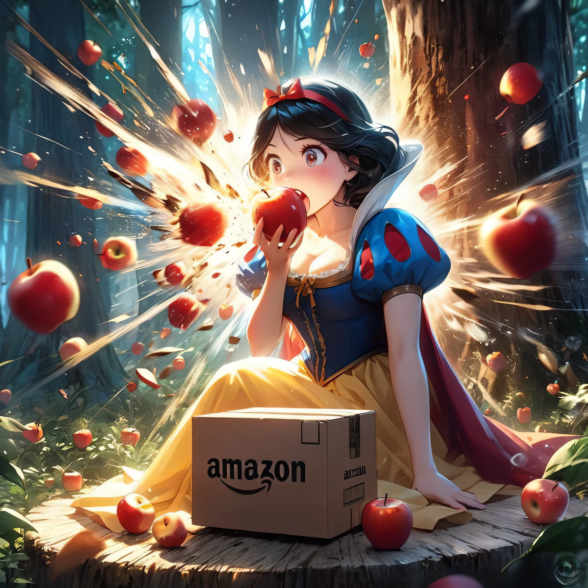 masterpiece、Bold, anime-style illustration、Dense painting、Humorous and crazy。Cinematic lighting、In the forest of medieval Europe、The protagonist is a fairy tale「snow white」The protagonist of Snow White。She is wearing a snow white outfit。Amazon box with apples on a tree stump、The moment she tried to eat the apple、The apple in his hand explodes。A clear and detailed depiction of Snow White being surprised and the apple exploding and scattering.、Motion Blur。