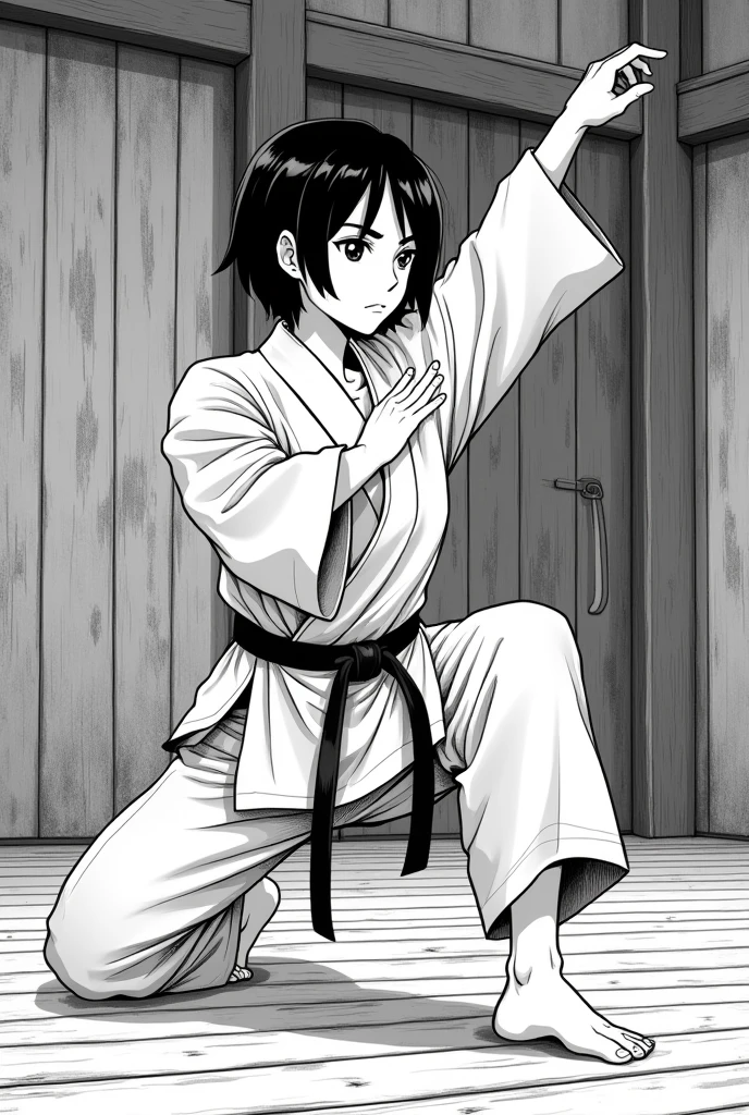 Short girl, short black hair, clear brown eyes, muscular, stretching, tired, dressed in Karategi, in old dojo, manga style, black and white.