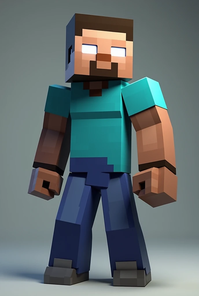 Minecraft Steve with white eyes , com um corpo musculoso , with a square body , with a light blue shirt