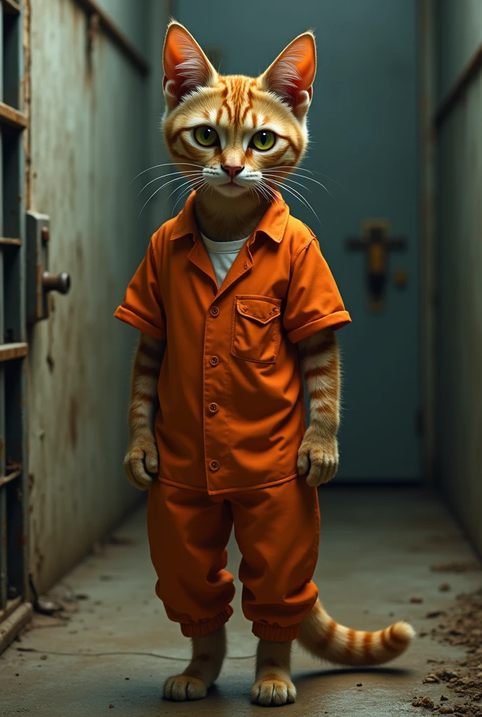 A humanoid havana brown cat wearing inmate orange jumpsuit outfit in prison, high detail,