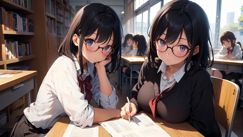 ​masterpiece, top-quality, High-quality images, high resolution, 8K, 1 student, detailed, Detailed eye depiction, skin gloss, school uniform, large breast, Lustrous hair, Black short-haired, disheveled hair, Round glasses, Narrow old room, many bookshelves, studying, shy expression, blushing heavily, sitting at table, looking at viewer