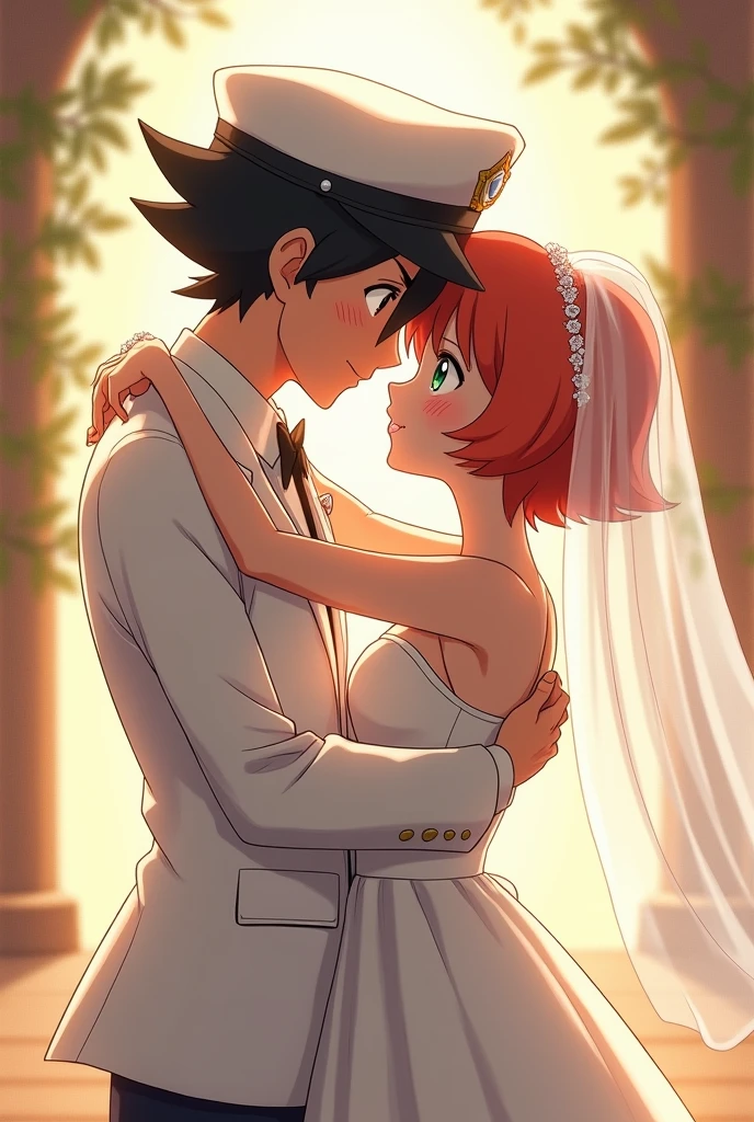 Draw Ash from Pokemon in a wedding suit ,wearing a white cap and Misty in a beautiful wedding dress.
Let the bride&#39;s hair be short and orange and wear a veil.
Let the bride&#39;s eyes be green and the groom&#39;s brown.
That I took her from the altar in his arms.