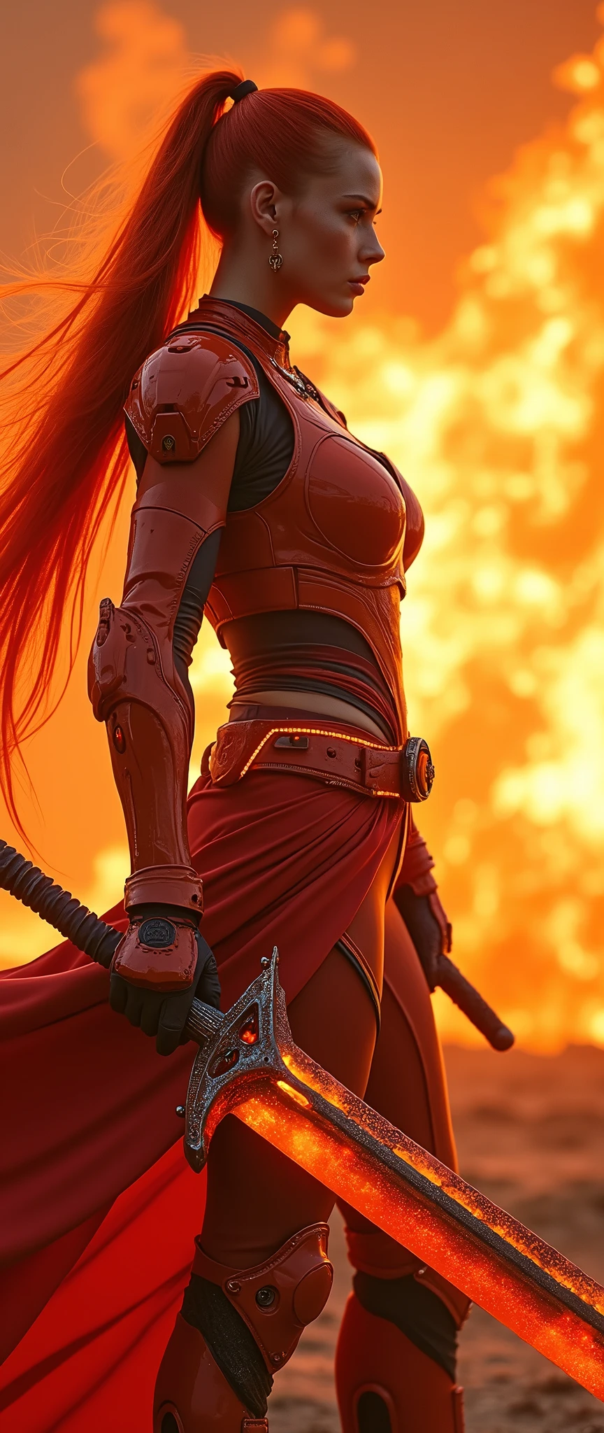 In a cinematic Cowboy Shot framing, a majestic woman dons armored core-style ninja robot flame red and orange armor, her bright red hair flowing like flames in a long ponytail down her back. Against the fiery backdrop of a red battlefield, where a translucent dragon crafted from summoned flames takes shape. She stands poised, grasping a massive sword with both hands, ready for battle. Her cyberpunk-tinged armor glows with electronic vitality, while her detailed face and body radiate a sense of intensity. Hair blown back by the wind, she embodies the essence of a Flame Ninja, prepared to unleash a dynamic display of combat prowess, complete with flashy special move effects that illuminate the smoldering landscape.