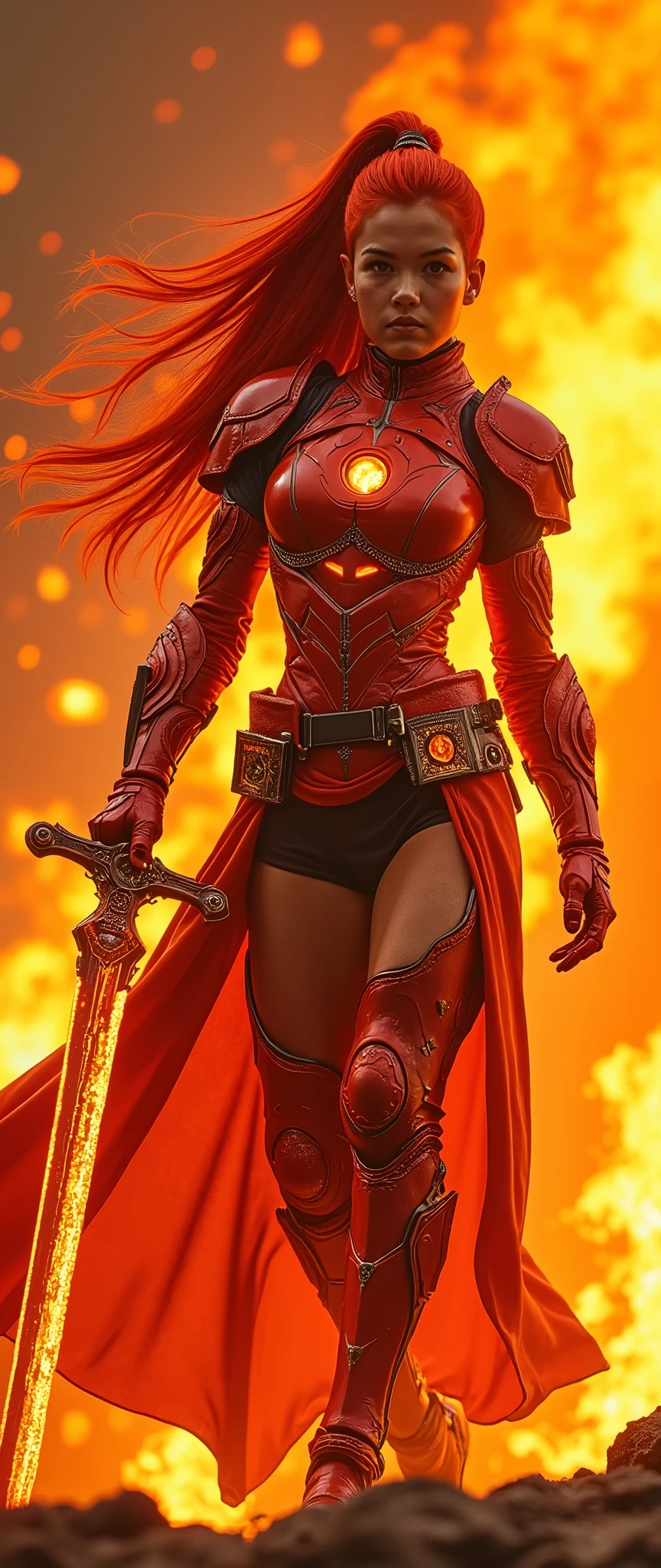 In a cinematic Cowboy Shot framing, a majestic woman dons armored core-style ninja robot flame red and orange armor, her bright red hair flowing like flames in a long ponytail down her back. Against the fiery backdrop of a red battlefield, where a translucent dragon crafted from summoned flames takes shape. She stands poised, grasping a massive sword with both hands, ready for battle. Her cyberpunk-tinged armor glows with electronic vitality, while her detailed face and body radiate a sense of intensity. Hair blown back by the wind, she embodies the essence of a Flame Ninja, prepared to unleash a dynamic display of combat prowess, complete with flashy special move effects that illuminate the smoldering landscape.