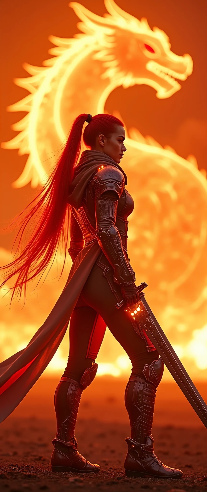 In a cinematic Cowboy Shot framing, a majestic woman dons armored core-style ninja robot flame red and orange armor, her bright red hair flowing like flames in a long ponytail down her back. Against the fiery backdrop of a red battlefield, where a translucent dragon crafted from summoned flames takes shape. She stands poised, grasping a massive sword with both hands, ready for battle. Her cyberpunk-tinged armor glows with electronic vitality, while her detailed face and body radiate a sense of intensity. Hair blown back by the wind, she embodies the essence of a Flame Ninja, prepared to unleash a dynamic display of combat prowess, complete with flashy special move effects that illuminate the smoldering landscape.