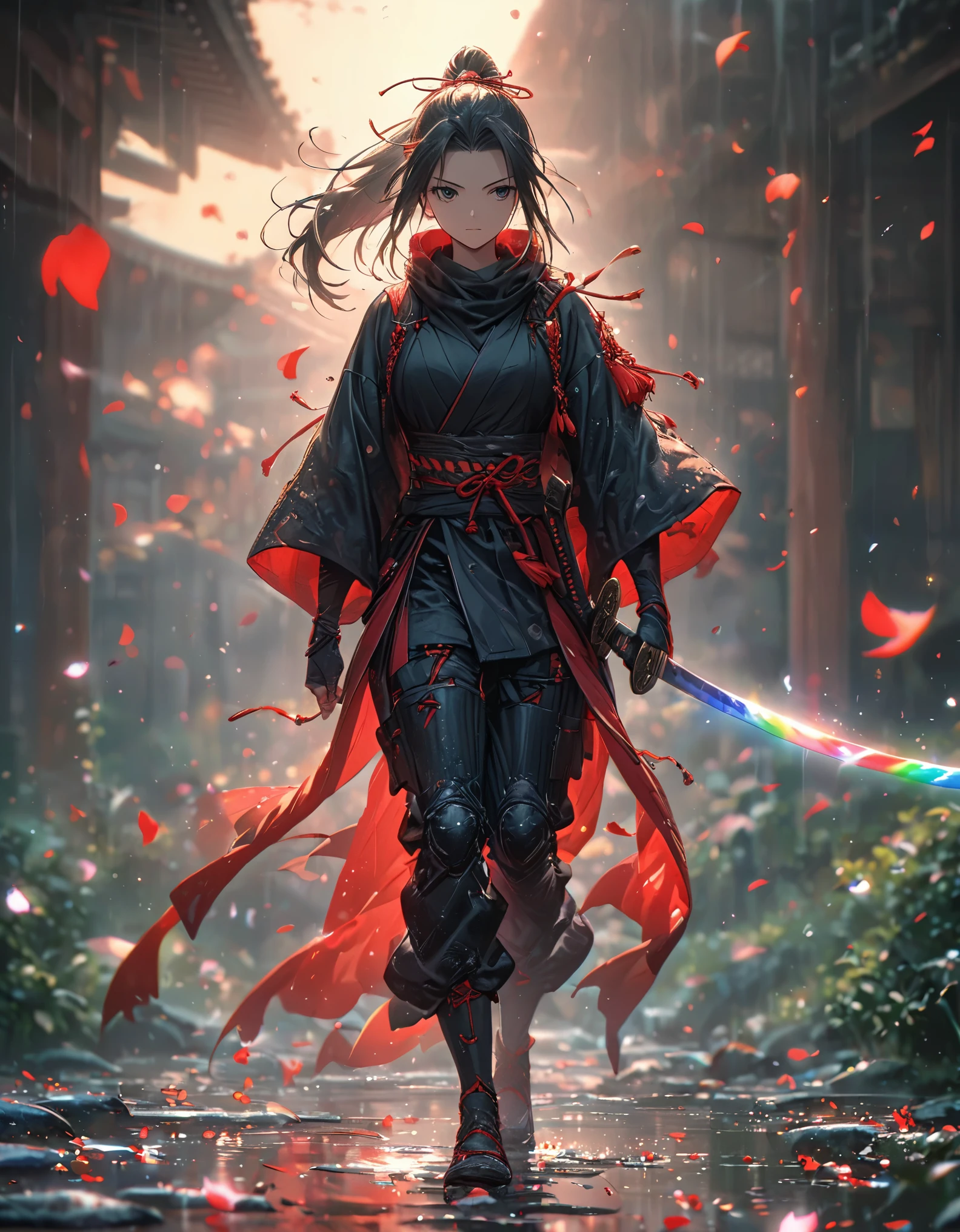 Highest quality, Great quality, 16K, Unbelievably absurd, Very detailed, delicate and dynamic, Natural light, The particles reflect light, Diffuse reflection of light, Many rainbow-colored petals fall, Beautiful studium, Sparkling Sun, Diffuse reflection of light, Create amazing image effects, Cool girl, Serious, passion, Dynamic, A female ninja, full body, (ponytail hair), ninja suit, holding long katana, japanese sword, fantasy