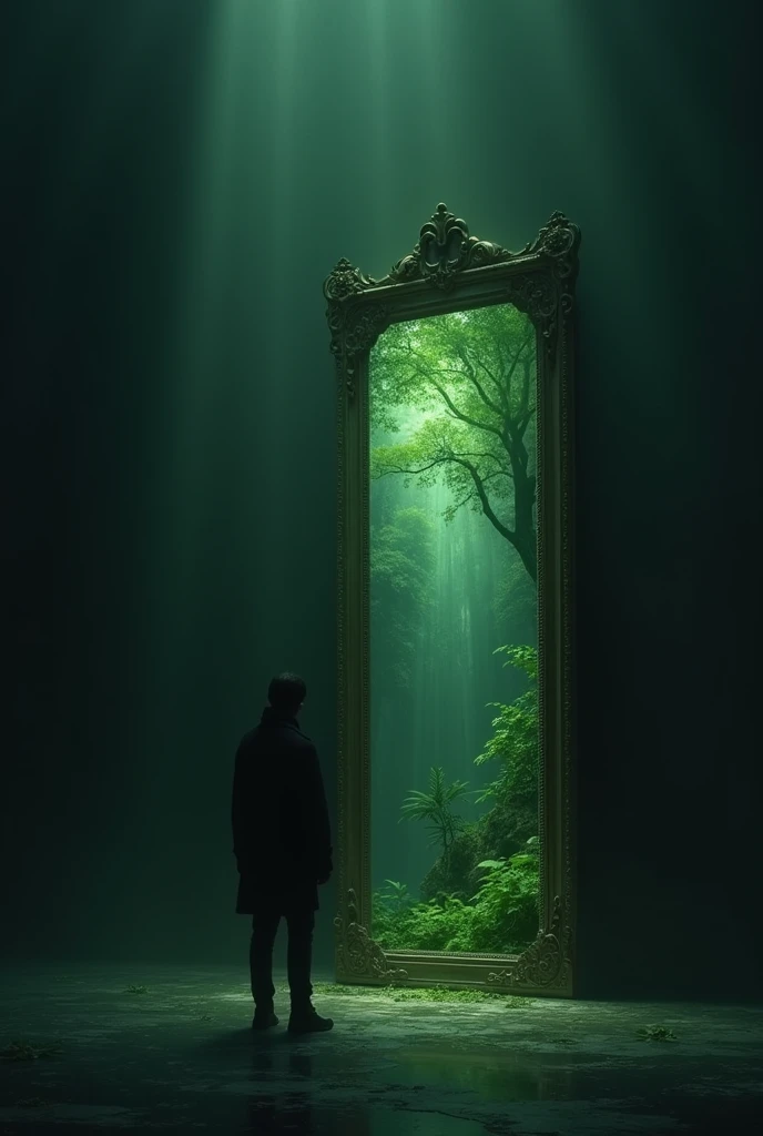 An image that represents the change I must make in us That has a mirror and a greener world inside.
Let us be outside the mirror (in front of him) in a world of darkness.