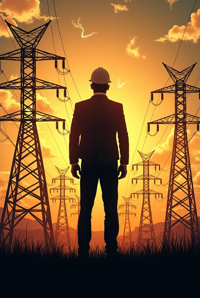 Electrical engineer Shilouette rear view with electrical field towers