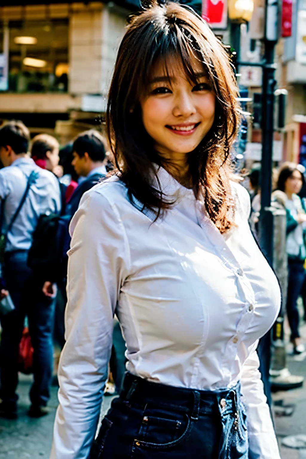 1girl, on the street, Japanese ******************, white button down white collared formal business-shirt, navy blue low rise jeans, both hands behind, very huge breasts, boyish hair, very thin waist, Look at here, smile, medium shot,