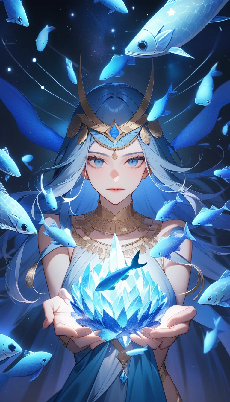 (Huang Li、high quality、Extremely detailed),Constellation - Pisces Goddess,Tiny fish,Woman stroking a group of fish,Similar to Latin goodness,brave,capricious,Productivity,The face of enterprising and humanitarianism,Long blue hair,Ancient Greek costumes、Wrap Dress,The background is the universe,Crystal blue eyes(Eyes Details),Powerful appearance