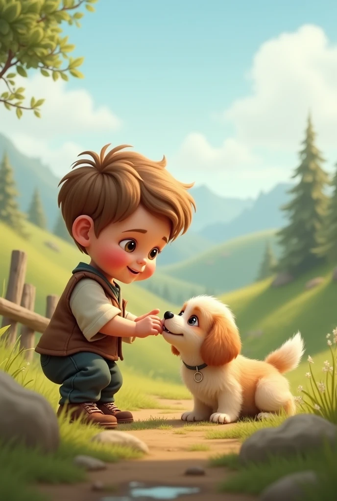 Child 1 year old boy with a puppy in nature of Russian origin