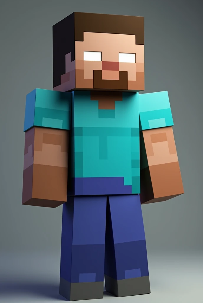 Minecraft Steve with white eyes , com um corpo musculoso , with a square body , with a light blue shirt