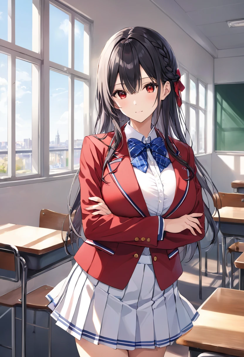 masterpiece, best quality, ultra detailed, detailed eyes, sparkling eyes, (((huge breasts, cleavage))),
1girl,
Suzune Horikita,
suzune horikita, long hair, black hair, (red eyes:1.3), hair ribbon, braid,
bow, school uniform, jacket, bowtie, blue bowtie, blazer, (red blazer:1.5), skirt, white skirt,
BREAK long hair, braid,
black hair,
red eyes,
blue bow,
red jacket, long sleeves, white skirt, pleated skirt, (black thigh-high socks:1.1),
BREAK looking at viewer,
cowboy shot, standing, (crossed arms:1.1),
perfect light, BREAK detailed background, indoors, inside, classroom, window, blue sky,