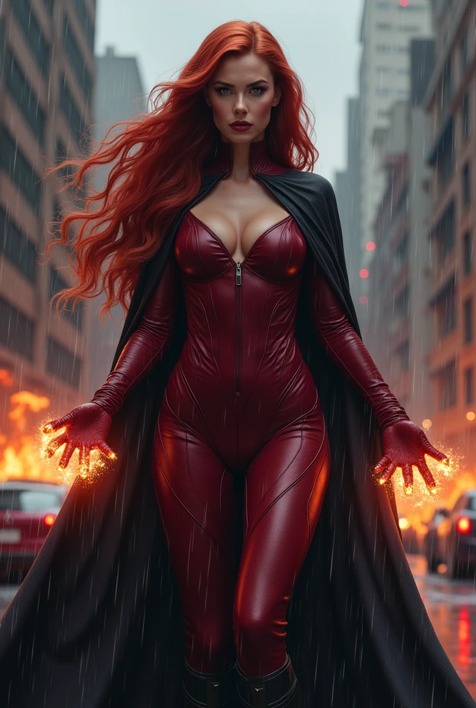 A beautiful Scarlet Witch woman with long red hair wearing a burgundy jumpsuit combined with black cape burgundy boots and gloves black long boots up to her knees in an apocalyptic rainy city cars and buildings on fire magic in her hands