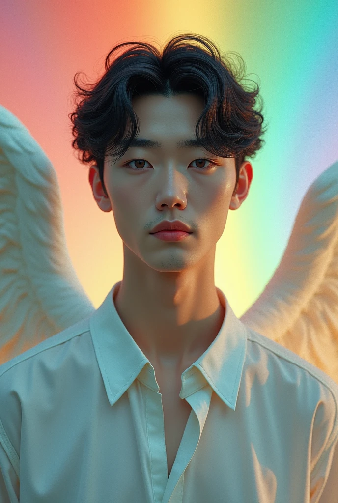 日本人male、Mysterious face、Beautiful face、Beautiful angel wings、looking at the camera、Upper body image、Beautiful Face、Age 35、front、Smiling、Healing Face、male、White shirt、My chest is a little empty、Beautiful rainbow on background